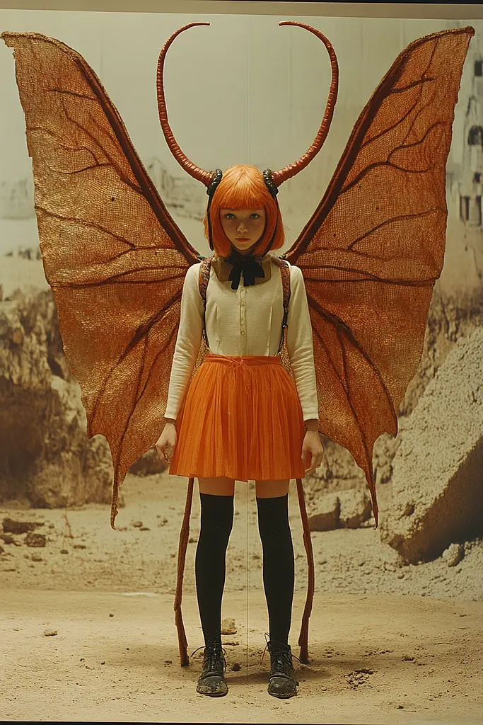 Midjourney generated image using SREF code Orange Oddities: A woman in a costume with horns and wings.