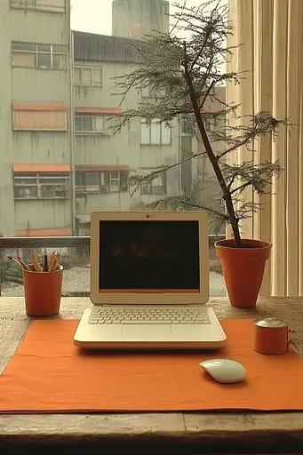 Midjourney generated image using SREF code Orange Oddities: A laptop computer sitting on top of a wooden desk.