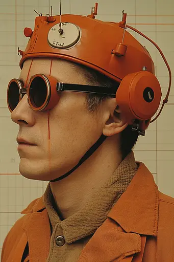 Midjourney generated image using SREF code Orange Oddities: A man wearing an orange helmet and goggles.