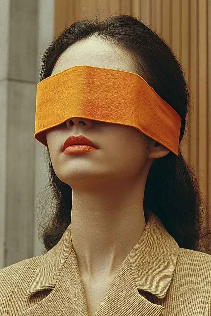 Midjourney generated image using SREF code Orange Oddities: A woman wearing an orange blindfold on her face.