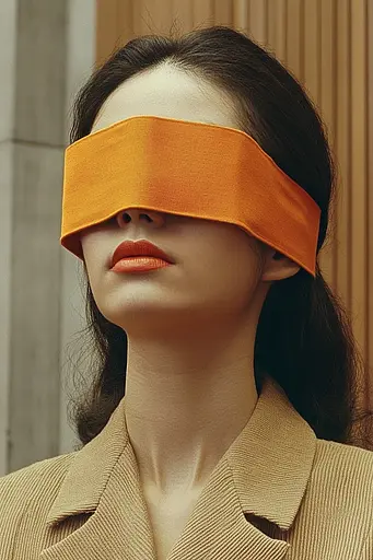 Midjourney generated image using SREF code Orange Oddities: A woman wearing an orange blindfold on her face.