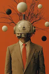 Midjourney generated image using SREF code Orange Oddities: A man in a suit with a helmet on his head.