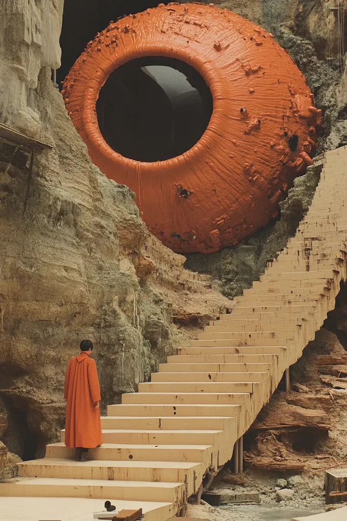 Midjourney generated image using SREF code Orange Oddities: A man in an orange robe standing in front of a large orange object.