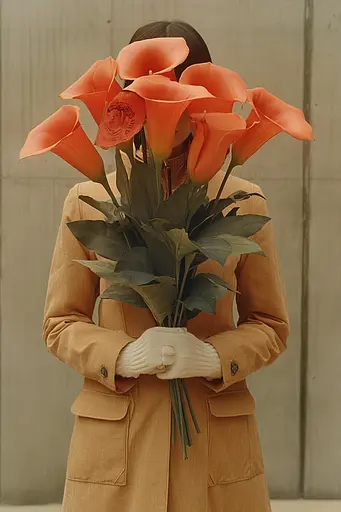 Midjourney generated image using SREF code Orange Oddities: A woman holding a bunch of orange flowers in her hands.