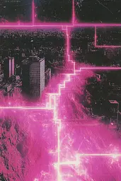 Midjourney generated image using SREF code Cyber Chic: A pink and black image of a city at night.