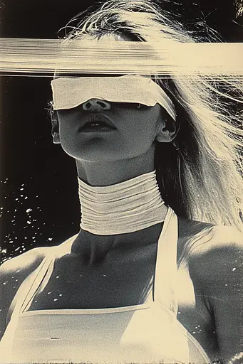 Midjourney generated image using SREF code Cyber Chic: A black and white photo of a woman with a blindfold on her face.