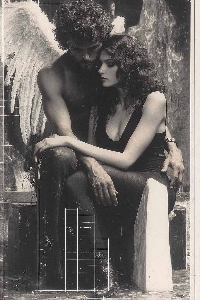 Midjourney generated image using SREF code Cyber Chic: A man and a woman sitting next to each other with angel wings.