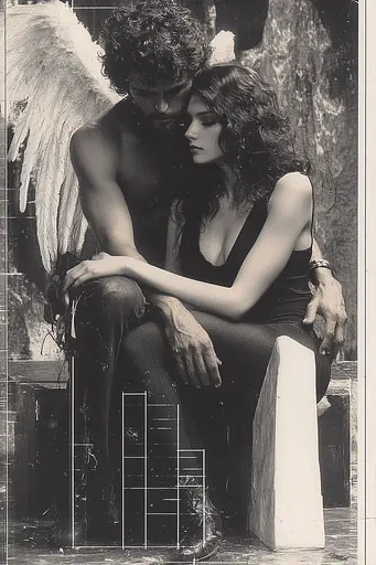 Midjourney generated image using SREF code Cyber Chic: A man and a woman sitting next to each other with angel wings.