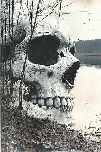 Midjourney generated image using SREF code Cyber Chic: A black and white photo of a skull in the woods.