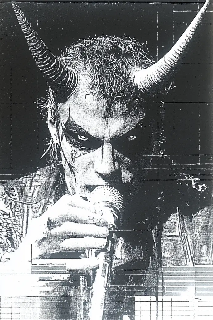 Midjourney generated image using SREF code Cyber Chic: A black and white photo of a man with horns on his head.