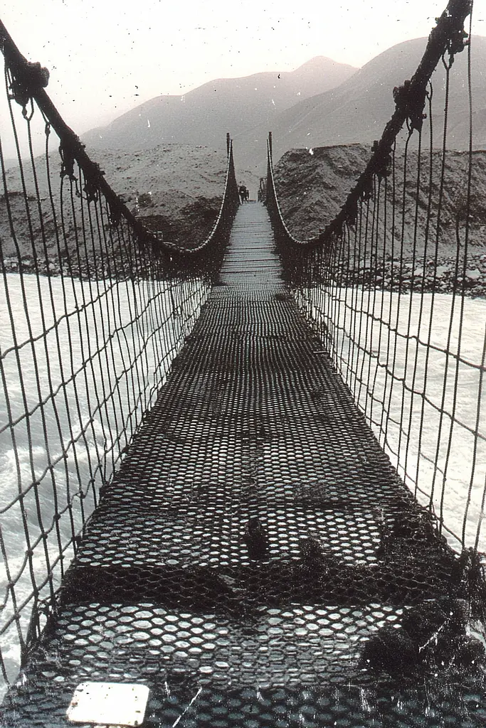 Midjourney generated image using SREF code Cyber Chic: A black and white photo of a suspension bridge over water.