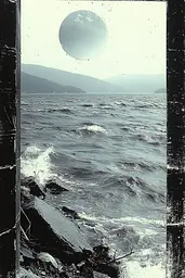 Midjourney generated image using SREF code Cyber Chic: A black and white photo of the ocean through a window.