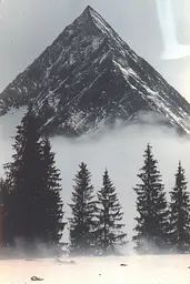 Midjourney generated image using SREF code Cyber Chic: A black and white photo of a mountain with trees in the foreground.