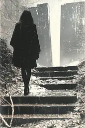 Midjourney generated image using SREF code Cyber Chic: A woman walking up a set of stairs in the woods.