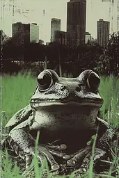 Midjourney generated image using SREF code Cyber Chic: A frog sitting in the grass with a city in the background.