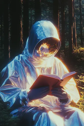 Midjourney generated image using SREF code Luminous Dreams: A person in a hooded robe reading a book in the woods.