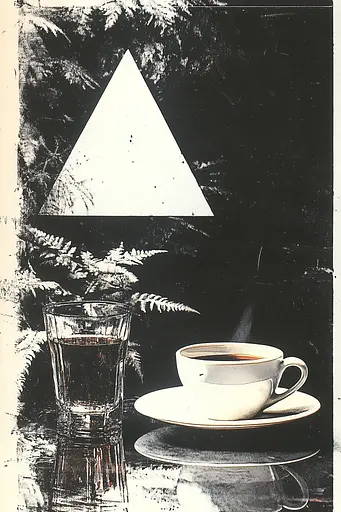 Midjourney generated image using SREF code Cyber Chic: A cup of coffee and a glass of water on a table.