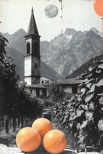 Midjourney generated image using SREF code Cyber Chic: A black and white photo of oranges in front of a church.