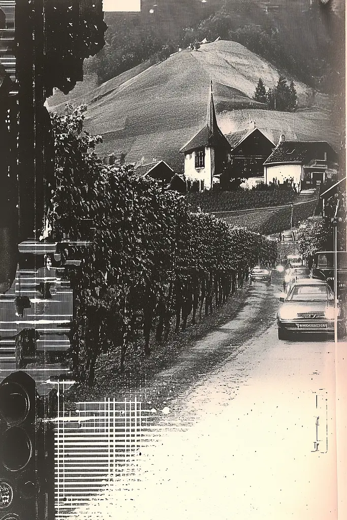 Midjourney generated image using SREF code Cyber Chic: A black and white photo of a street with a church in the background.