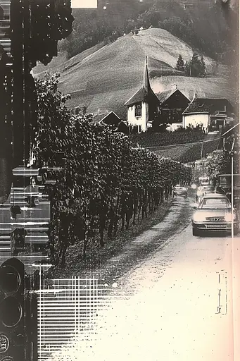 Midjourney generated image using SREF code Cyber Chic: A black and white photo of a street with a church in the background.