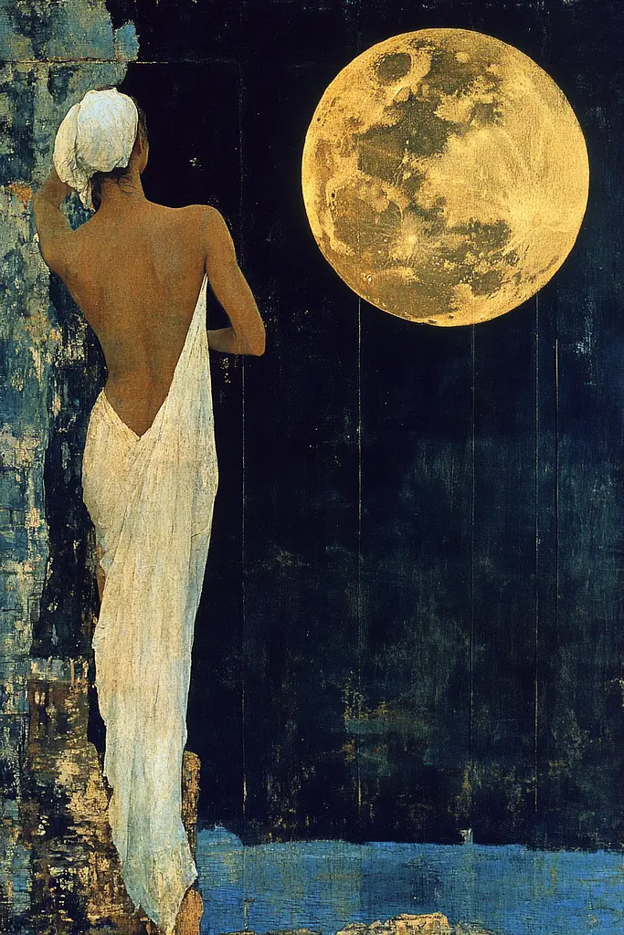 Midjourney generated image using SREF code Golden Elegance: A painting of a woman standing in front of a full moon.