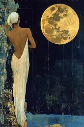 Midjourney generated image using SREF code Golden Elegance: A painting of a woman standing in front of a full moon.