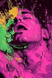 Midjourney generated image using SREF code Toxic Dayglow: A man with his eyes closed and his mouth open in the water.
