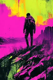 Midjourney generated image using SREF code Toxic Dayglow: A man standing on top of a mountain with a backpack.