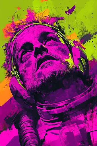 Midjourney generated image using SREF code Toxic Dayglow: A man in a space suit with headphones on.