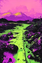 Midjourney generated image using SREF code Toxic Dayglow: A painting of a dirt road in the middle of a river.
