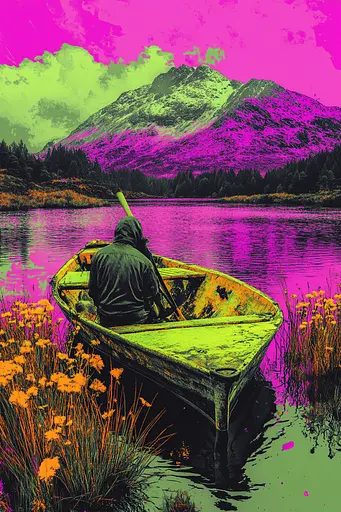 Midjourney generated image using SREF code Toxic Dayglow: A man in a boat on a lake with mountains in the background.