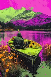Midjourney generated image using SREF code Toxic Dayglow: A man in a boat on a lake with mountains in the background.