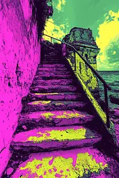 Midjourney generated image using SREF code Toxic Dayglow: A set of stairs leading up to the ocean.
