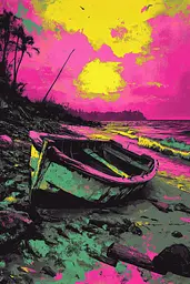 Midjourney generated image using SREF code Toxic Dayglow: A boat sitting on top of a beach next to the ocean.