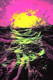 Midjourney generated image using SREF code Toxic Dayglow: A painting of a pink and yellow sunset over the ocean.
