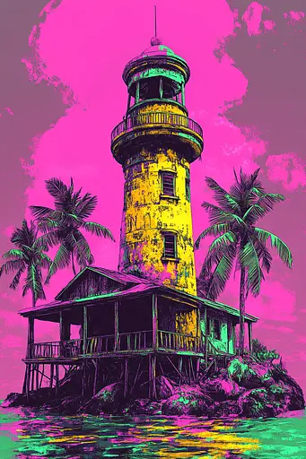 Midjourney generated image using SREF code Toxic Dayglow: A painting of a lighthouse on a small island surrounded by palm trees.