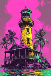 Midjourney generated image using SREF code Toxic Dayglow: A painting of a lighthouse on a small island surrounded by palm trees.