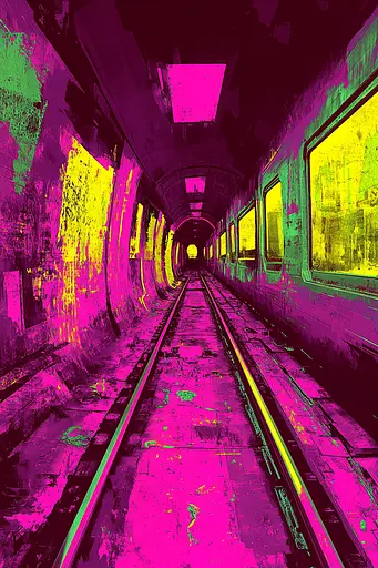 Midjourney generated image using SREF code Toxic Dayglow: A train traveling through a tunnel next to a train track.