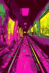 Midjourney generated image using SREF code Toxic Dayglow: A train traveling through a tunnel next to a train track.