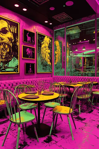Midjourney generated image using SREF code Toxic Dayglow: A dining room filled with lots of tables and chairs.