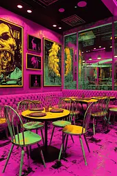 Midjourney generated image using SREF code Toxic Dayglow: A dining room filled with lots of tables and chairs.