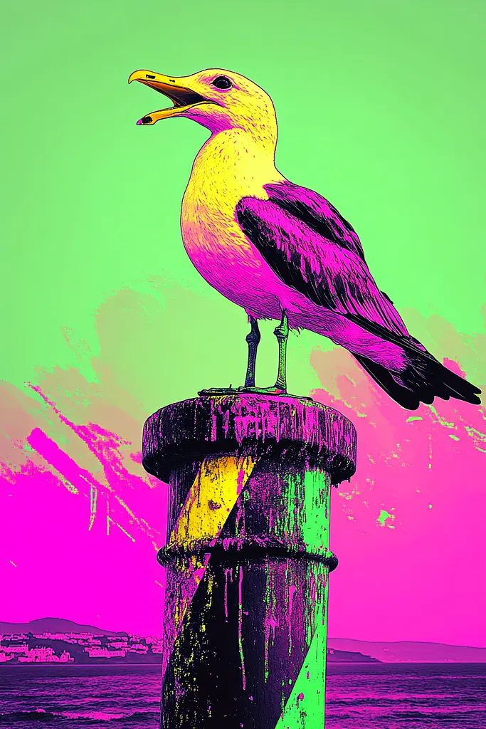 Midjourney generated image using SREF code Toxic Dayglow: A seagull sitting on top of a wooden post.