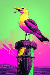 Midjourney generated image using SREF code Toxic Dayglow: A seagull sitting on top of a wooden post.