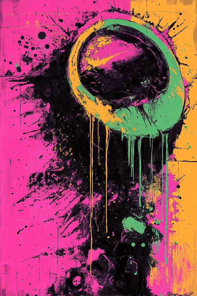 Midjourney generated image using SREF code Toxic Dayglow: A painting of a pink and yellow background with a green circle.