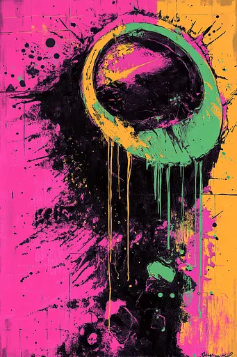 Midjourney generated image using SREF code Toxic Dayglow: A painting of a pink and yellow background with a green circle.