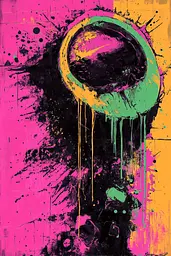 Midjourney generated image using SREF code Toxic Dayglow: A painting of a pink and yellow background with a green circle.