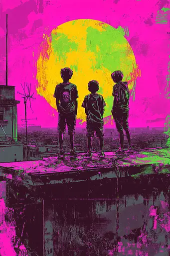 Midjourney generated image using SREF code Toxic Dayglow: Three boys standing on top of a building looking at the sunset.