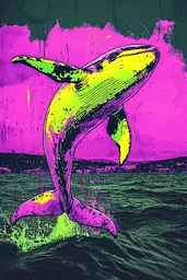 Midjourney generated image using SREF code Toxic Dayglow: A painting of a yellow and purple whale jumping out of the water.