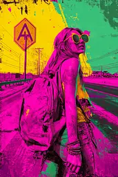 Midjourney generated image using SREF code Toxic Dayglow: A woman with a backpack and sunglasses standing on the side of the road.