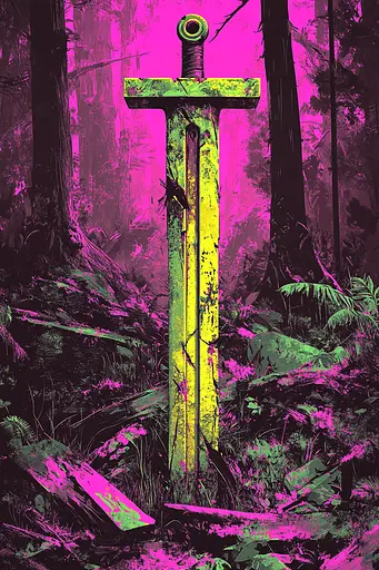 Midjourney generated image using SREF code Toxic Dayglow: A yellow sword in the middle of a forest.